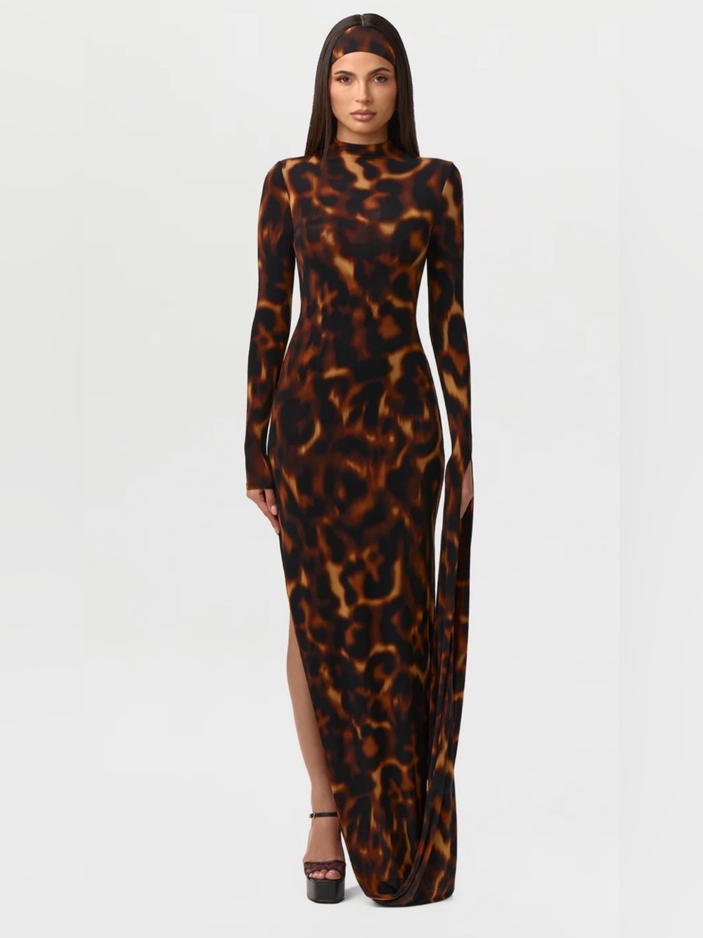 naked wardrobe Brown and Black Tortoise Print Long Sleeve Maxi Dress